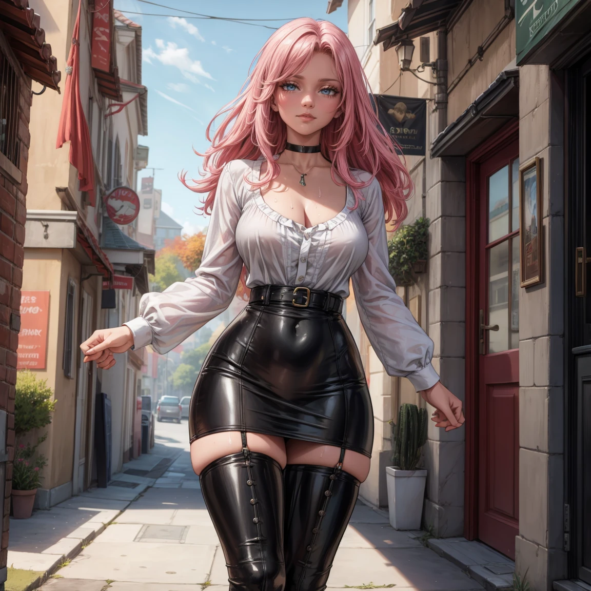 Masterpiece, beautiful art, 8k, art style by sciamano240, very detailed face, detailed hair, detailed clothes, detailed fabric, 1girl, beautiful face, long hair, hot pink hair , model head shot, facing camera, very detailed green eyes, sultry smile, wearing classy fall clothes, white dior thigh boots, white pencil skirt, walking , out shopping, necklace, chocker, rosey cheeks, sunny fall setting, full body view, photorealistic, indirect lighting, volumetric light, ray tracing, hyper-detailed, best quality, ultra-high resolution, HDR, (8k, Best Quality, Masterpiece:1.2), Ultra Detail, RAW Photo, Super Resolution, Professional Photo, Extremely Detailed and Beautiful, lot of drool, sweat, belly inflation