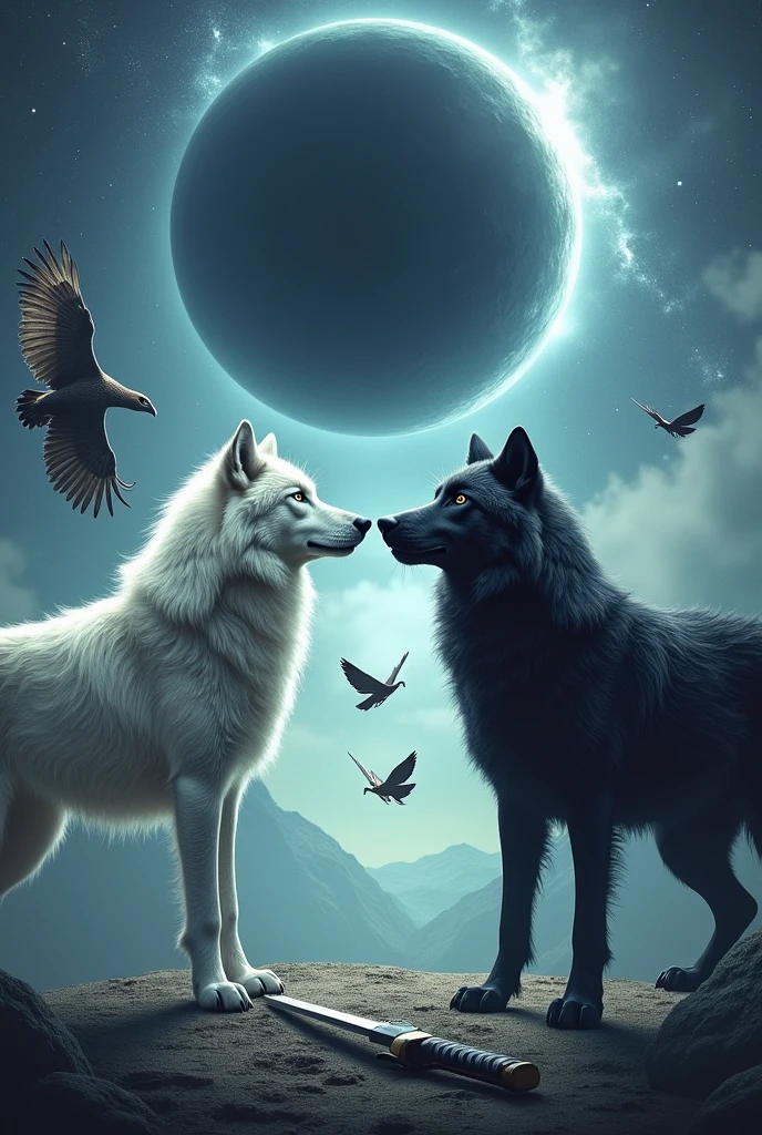 White Wolf, black wolf, who confronts, with an eagle and a butterfly, in the background a black hole Des dee an airplane, katana