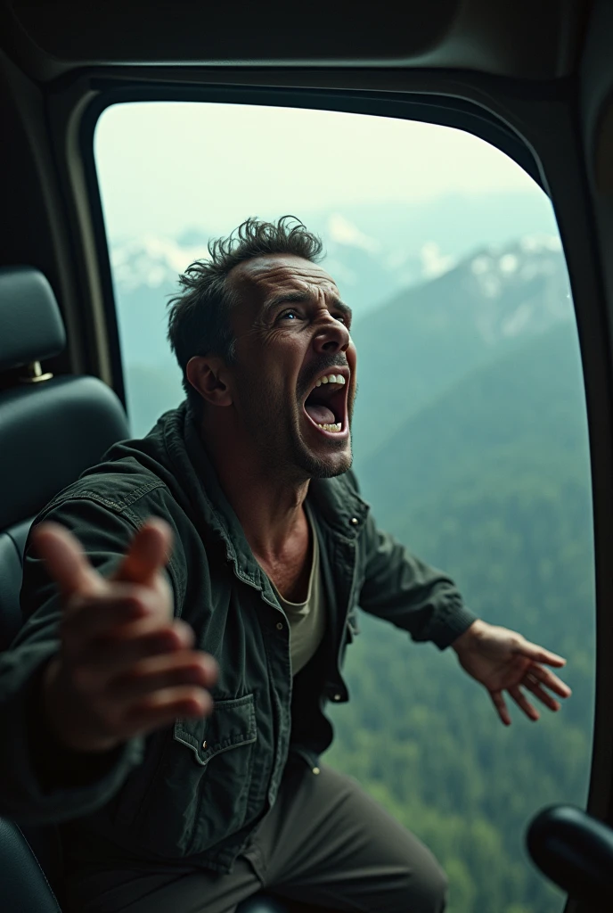 man in pessanger helicopter, yelling