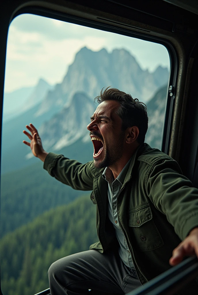 man in pessanger helicopter, yelling