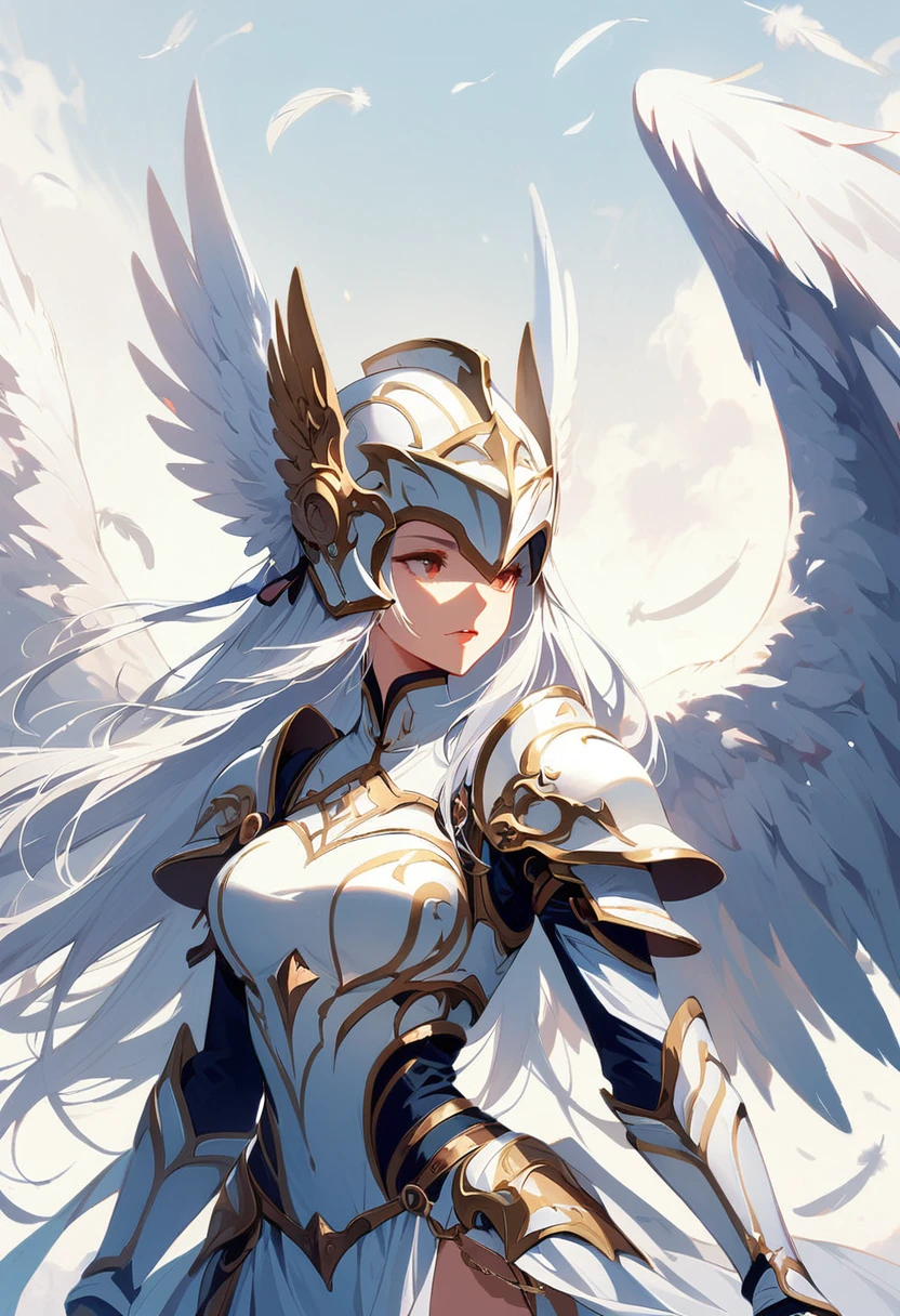 1girl angel winged helmet angel_wings armor feathers_Long wing feathers_Hair Shoulder Armor Shoulder_Armor single piece_Wing separate upper part_The body is white_Theme White_Wings Wings