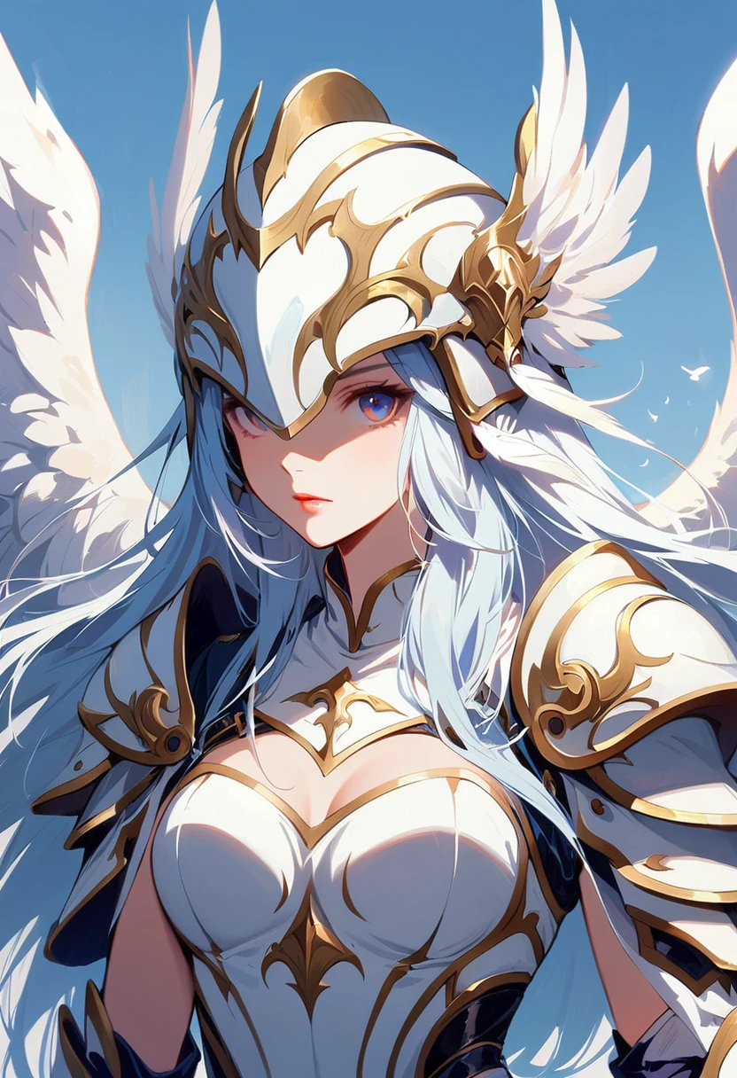 1girl angel winged helmet angel_wings armor feathers_Long wing feathers_Hair Shoulder Armor Shoulder_Armor single piece_Wing separate upper part_The body is white_Theme White_Wings Wings