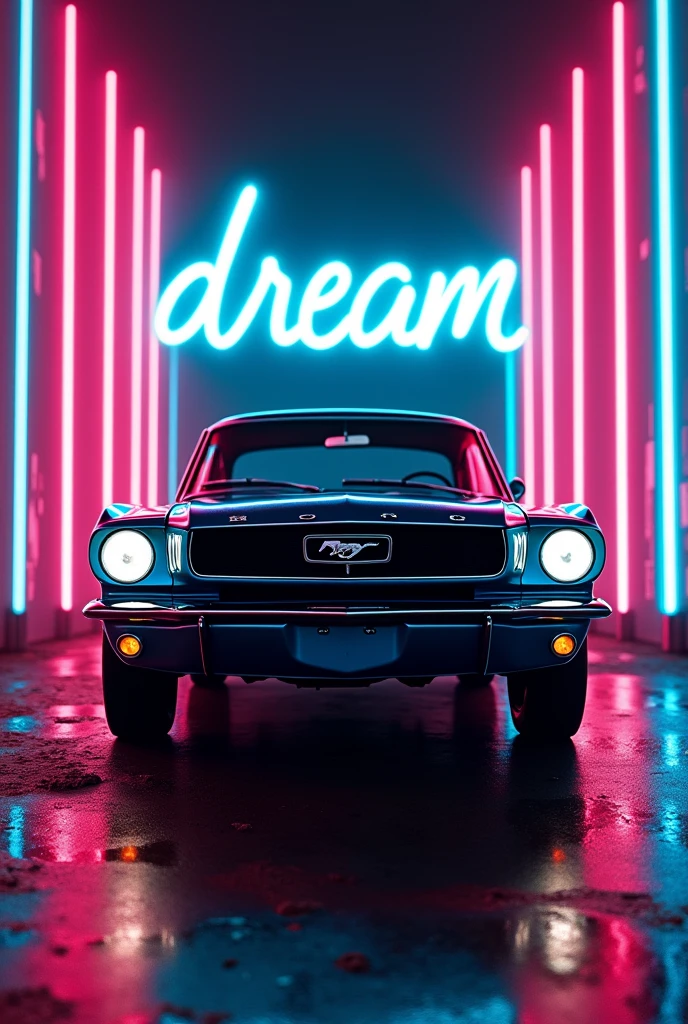 Create a wallpaper with classic mustang collage and with multiple neon lights background and write in middle Dream