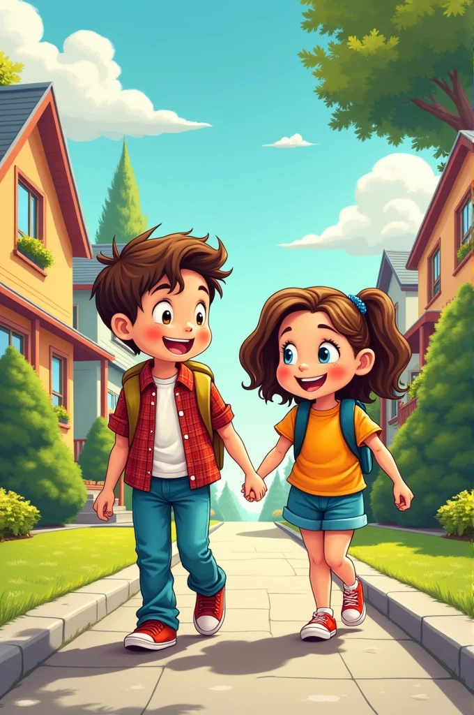 I want a cartoon of a boy and girl going home from school and then forgetting about it on the cartridge.
