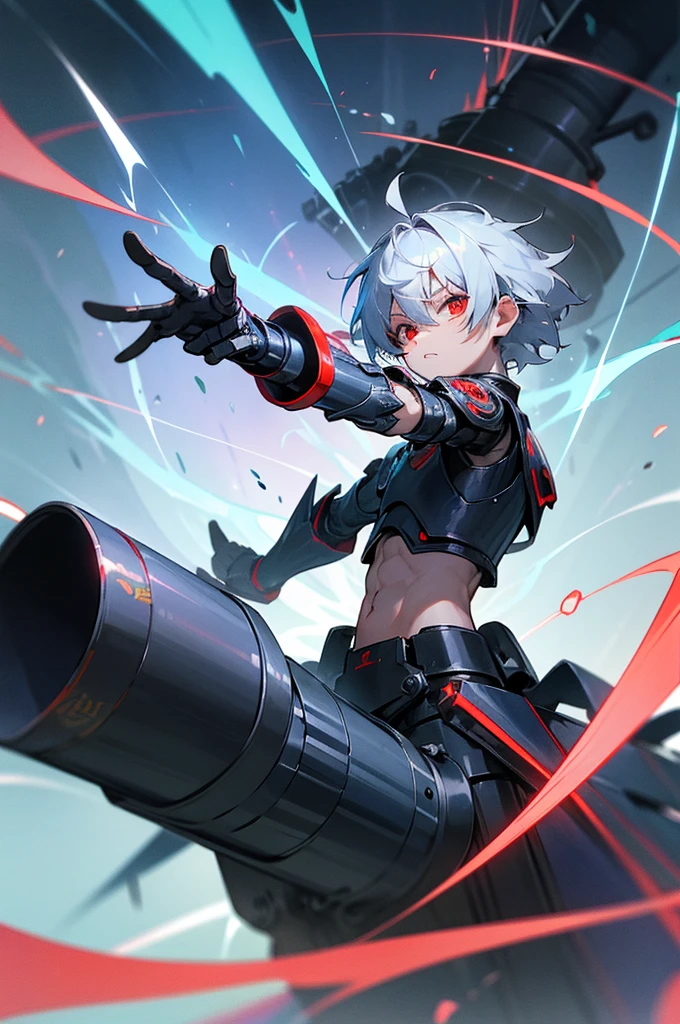Silver-haired, red-eyed boy, about , Shota, Cyborg, Right armbto a cannon、Charged with blue energy. Sense of speed. A cannon charged with a large amount of red energy is coming from his back and pointing towards us. Background: Cracked hologram. Going crazy. Wearing black armor.