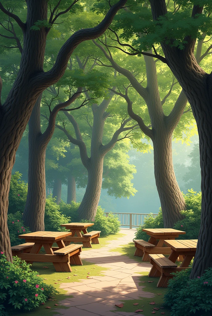 make some trees with tables and chairs between them from another angle

