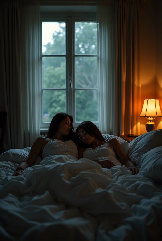 A very bright room with the morning sunlight streaming in.The two of them are lying side by side on their backs in bed, just before falling asleep,Love each other,two born people,She is having a serious conversation. Full body image from head to toe,women as born figure,old apartment bedroom at night,cinematic photography, psychologically-charged, muted colors, natural lighting, melancholic, disturbing, surreal, professional photo, vivid colors, she is a beautiful 40 year old white woman, very glamorous figure,dark Brunette straight long hair,The very large bust and hips, the large sagging bust,very large loose and sagging very huge bust,A conversation between two born people,ultra super dirk room,ultra huge bust,Full sleeping body image from head to toe,A scene from a psychological lesbian romance movie,woman as full born body figure,mature woman real body,real mature woman as born figure, two people photo,bare body women,mature lesbian couple,super realistic mature's body,slight plump,at night city light view,born bare figure women,lesbian milf's real romance,very artistic portrait,Fine art photography of bodies mostly covered in shadow,A surreal photo of just the silhouettes of the two of us.Full sleeping body image from head to toe,deep sleeping on the bed,