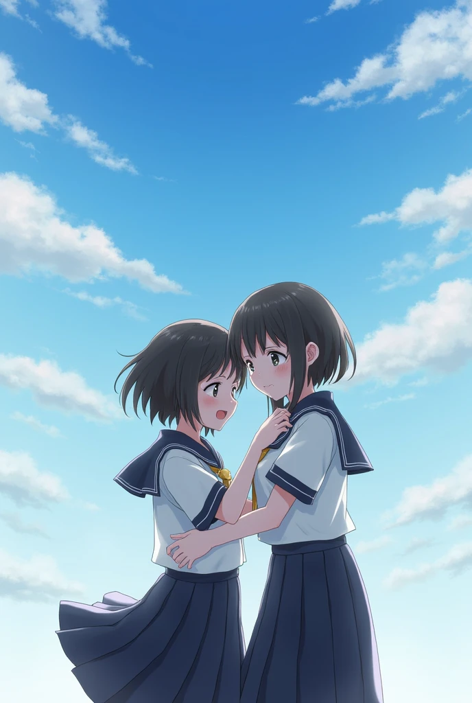 2girl smile school uniform sky crying
