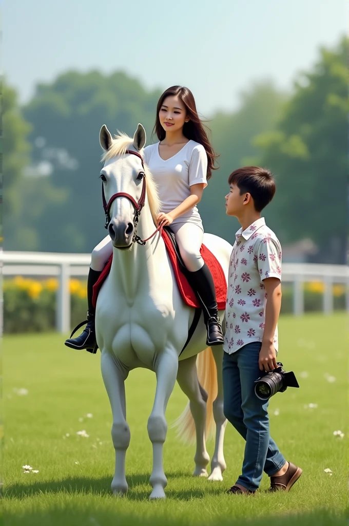 best quality, super detailed, super realistic, 15:9 ratio, depicts a beautiful round-faced Indonesian woman sitting on a white horse next to her is a medium-fat Indonesian man, standing holding a camera, on the racetrack