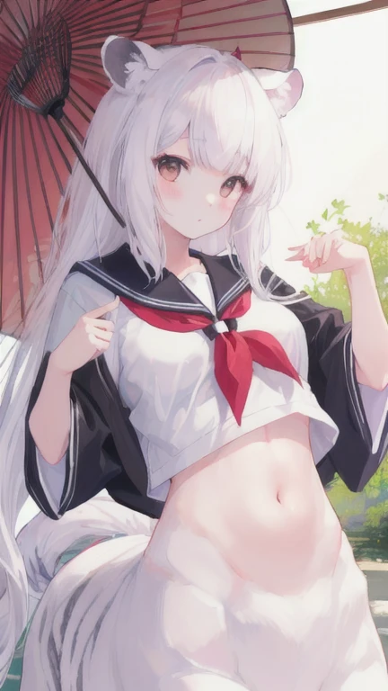 (best quality, masterpiece), 1 girl, centaur, I beg, White skin, Japanese schoolgirl, black pink, exposing the abdomen, belly on t-shirt , beautiful girl perfect, White tiger photo, 완벽한 White tiger photo