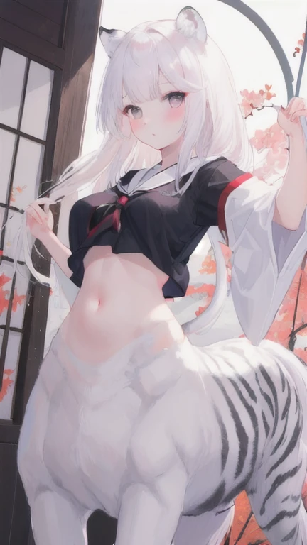 (best quality, masterpiece), 1 girl, centaur, I beg, White skin, Japanese schoolgirl, black pink, exposing the abdomen, belly button t-shirt , beautiful girl perfect, White tiger photo, 완벽한 White tiger photo