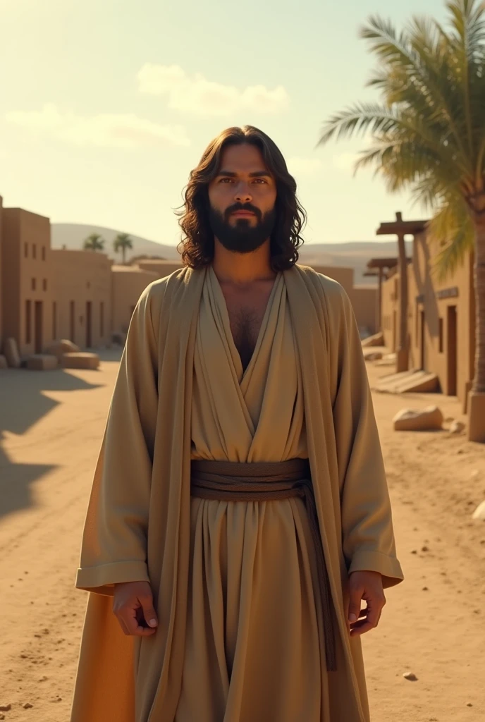 A serene depiction of Jesus, as portrayed by Jonathan Roumie in 'The Chosen,' with long, dark, wavy hair falling just below the shoulders and a full, well-kept beard. He is dressed in simple, neutral-colored robes typical of the first century, with a light brown tunic and a beige mantle draped over his shoulders. His expression is calm and compassionate, with gentle eyes that radiate wisdom and love. He stands in a setting that reflects the ancient Middle Eastern environment: a dusty, arid landscape with low stone buildings, simple clay houses, and a few sparse trees. The sky is clear, with a warm, golden light suggesting the late afternoon, casting soft shadows across the scene. The atmosphere feels peaceful and timeless, capturing the essence of spiritual tranquility and humility.