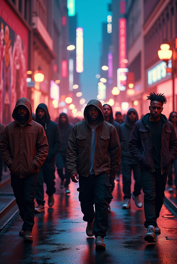 The group of rappers marching forward in unison, their expressions resolute. They walk through the streets of the city, which is now illuminated with vibrant colors and dynamic lighting. The murals and graffiti on the walls around them depict a blend of ancient and modern themes, with mythological figures appearing as if they are part of the urban environment. The overall atmosphere is powerful and inspiring, suggesting that these ancient stories have found new life in the beats and rhythms of today.