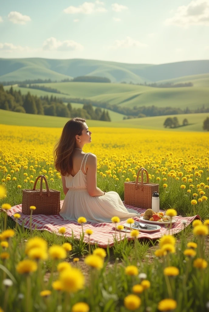 (photorealism:1.2), picnic tablecloth in the countryside. Image shows toned legs and coppery skin. On a white and emerald green checked tablecloth. A basket with snacks. A cup of coffee and a plate. The image focuses on the area of the blanket and the picnic items.. But still seeing a landscape of a field with rocks and wild grasses. Daisy and wild flowers. Near the blanket.