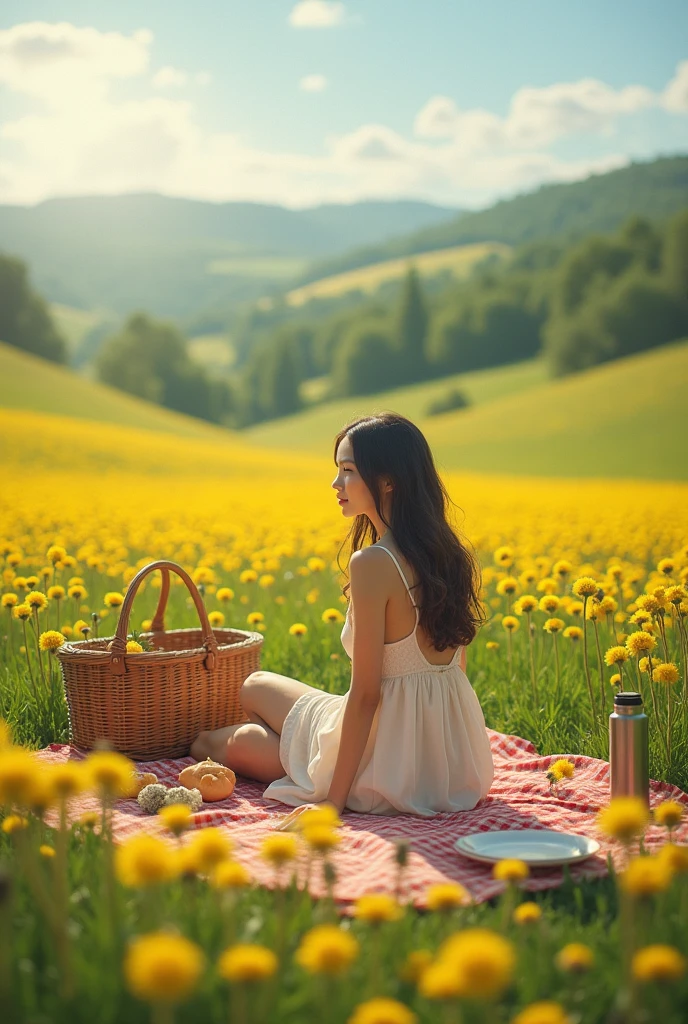 A women takes a  on a picnic in dandelions field 
