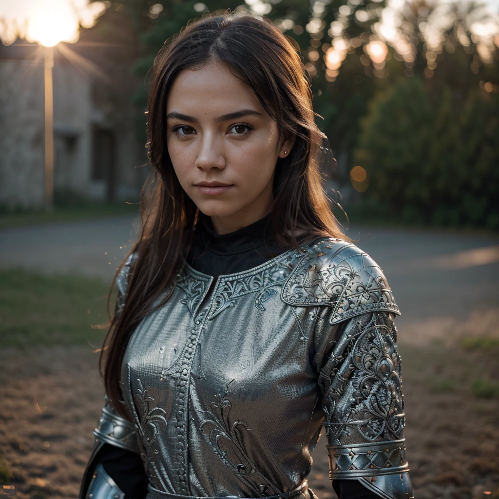 (masterpiece), (extremely intricate:1.3), (realistic), portrait of a girl, the most beautiful in the world, (medieval armor), metal reflections, upper body, outdoors, intense sunlight, far away castle, professional photograph of a stunning woman detailed, sharp focus, dramatic, award winning, cinematic lighting, octane render unreal engine, volumetrics dtx, (film grain, blurry background, blurry foreground, bokeh, depth of field, sunset, motion blur:1.3), chainmail