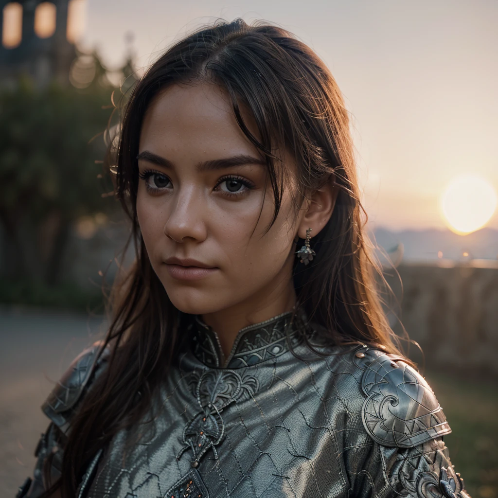 (masterpiece), (extremely intricate:1.3), (realistic), portrait of a girl, the most beautiful in the world, (medieval armor), metal reflections, upper body, outdoors, intense sunlight, far away castle, professional photograph of a stunning woman detailed, sharp focus, dramatic, award winning, cinematic lighting, octane render  unreal engine,  volumetrics dtx, (film grain, blurry background, blurry foreground, bokeh, depth of field, sunset, motion blur:1.3), chainmail