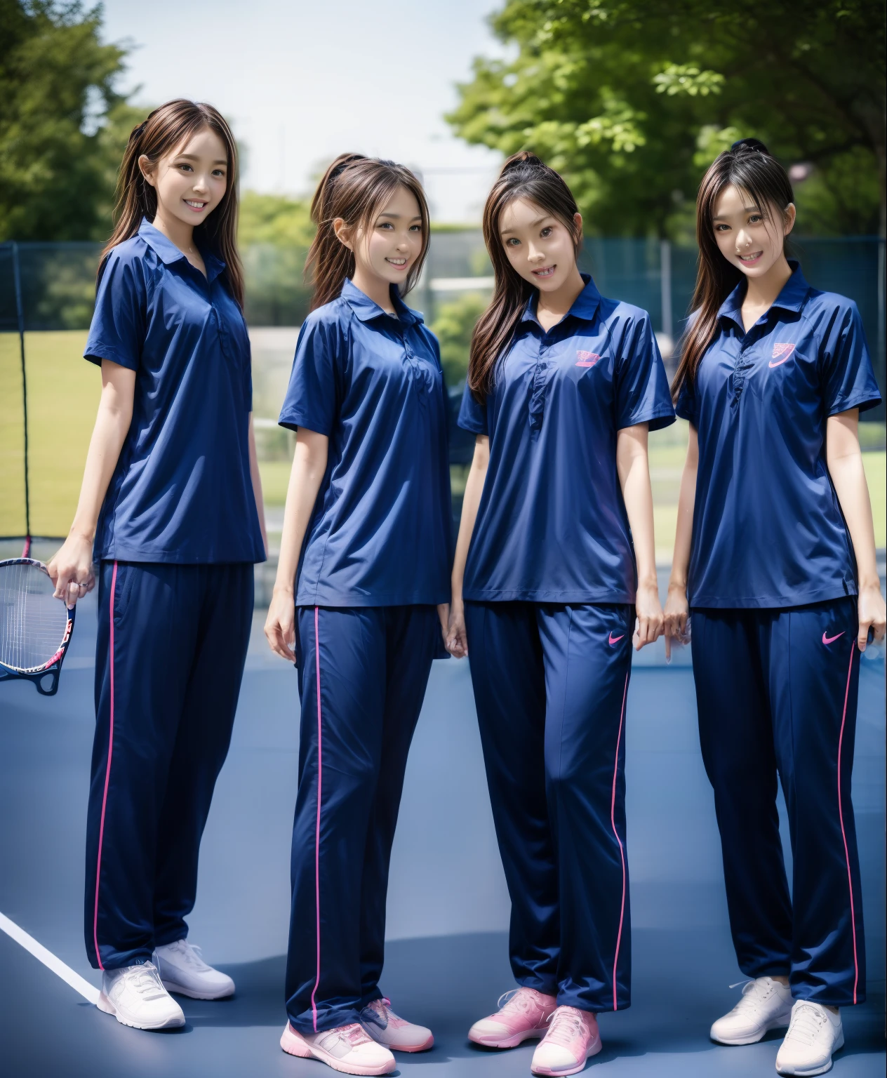 3 girls play tennis at tennis courts, Navy blue short-sleeved shirt,Navy Long Trackpant,Sweatpants, Sweatpantsขายาว,25 year old girl, lesbian, sexy, exercise clothes, wet body, exercise clothes