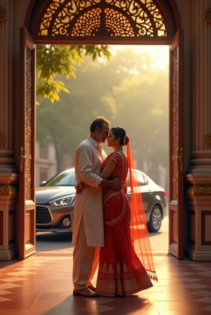 
father with shirt and dhoti making bye to his daughter. Groom waiting with swift caroutside the marriage Hall