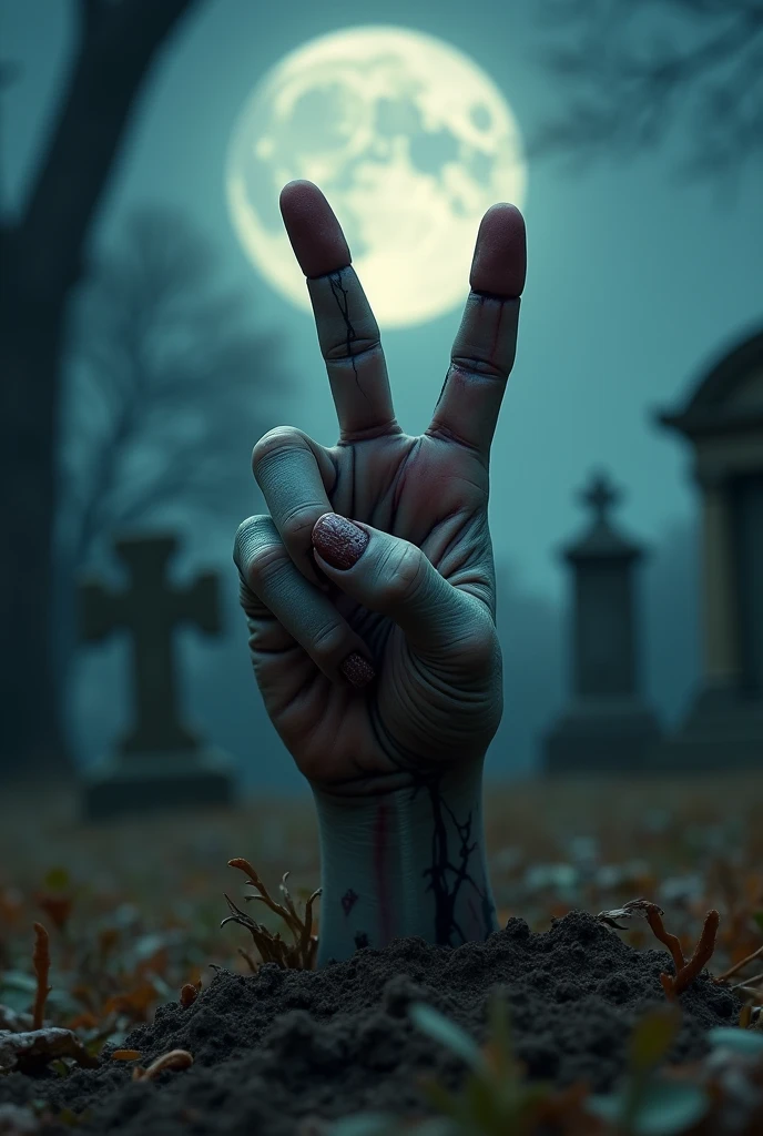 professional photography, Close-up of a zombie hand protruding from the ground in a graveyard on a full moon night, peace hand sign, zombie skin texture, bokeh effect, depth of field, hyper Realistic, Professional photography, Cinema Lighting, Landscape image