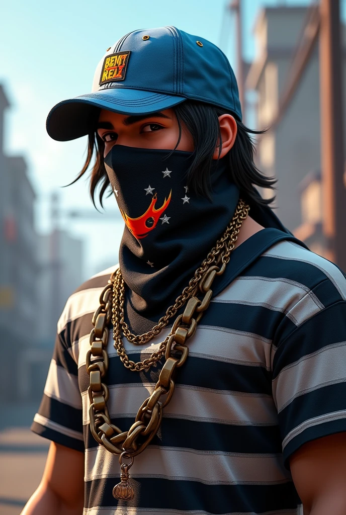 Free fire male character, My character is one who wears a blue hat that falls halfway down the sides, a black bandana with a fire design on the side, a black and white striped prisoner shirt, and the hat is not a cap, it is a hat that falls halfway down the sides, it is not a cap, the hat is more down by the ear.