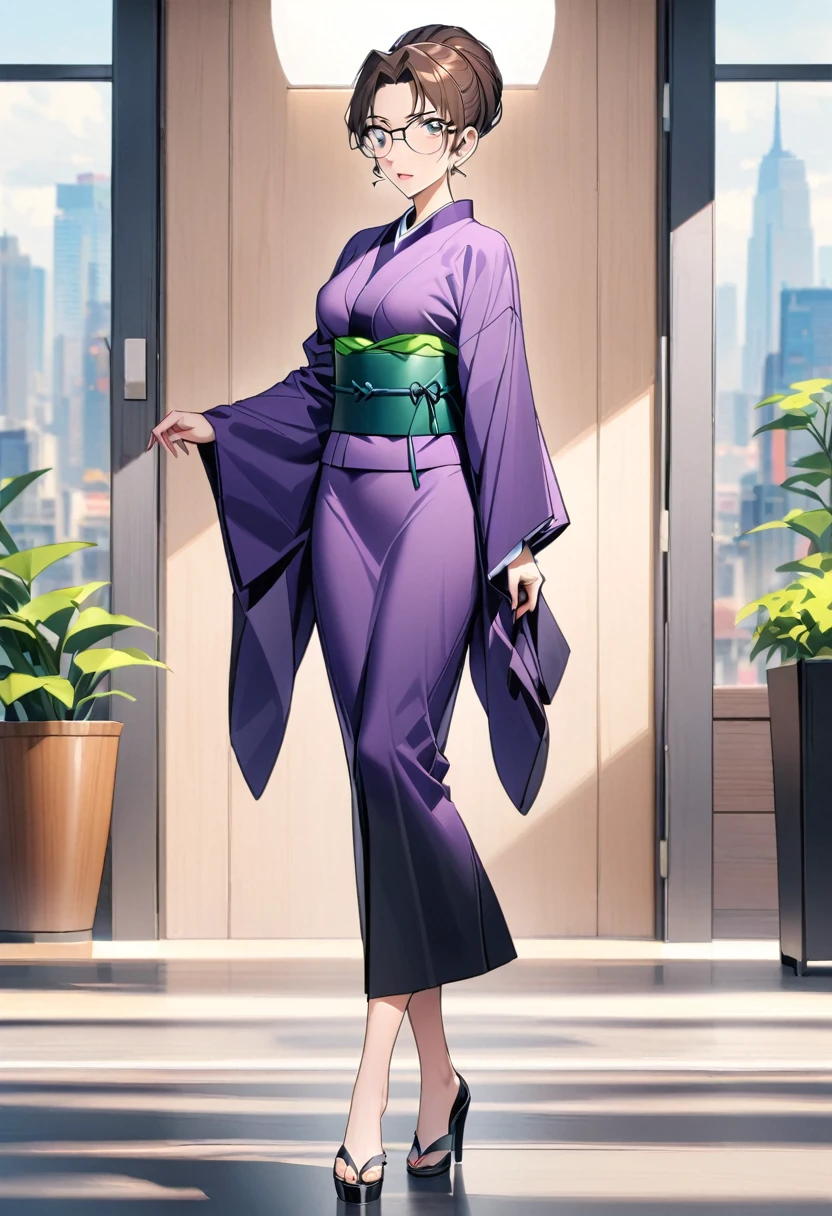 Wearing a purple kimono,Married Woman,a beautiful woman with brown hair, (独奏:1.2),perfect body,(highest quality,masterpiece:1.4),full body,with glasses