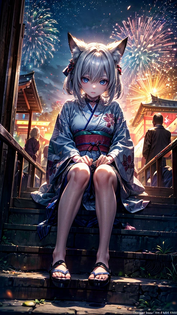 High resolution, Winner of numerous awards, Ultra high definition, Textured skin, retina,
masterpiece,(bestquality),highlydetailed,ultra-detailed,1girl, (A composition where a girl is sitting on ロボット:1.4)(Look to the side)(natural lighting,confidentexpression),(The grounds of an empty shrine)(Staircase under the stairs、fair、festival:1.2)(The view from above)(panorama:1.2),Fireworks in the sky smile,angle、chrome,raw(A beautiful girl with silver hair and fox ears in a yukata:1.5)(Fireworks lighting)(Looking down:1.4)(Looking down angle、Wide angle)