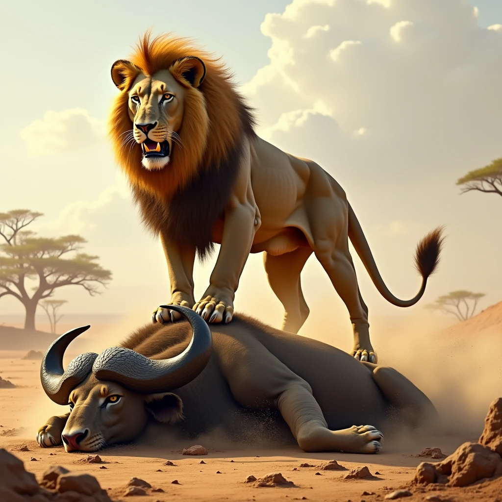 Lion standing on a dead buffalo