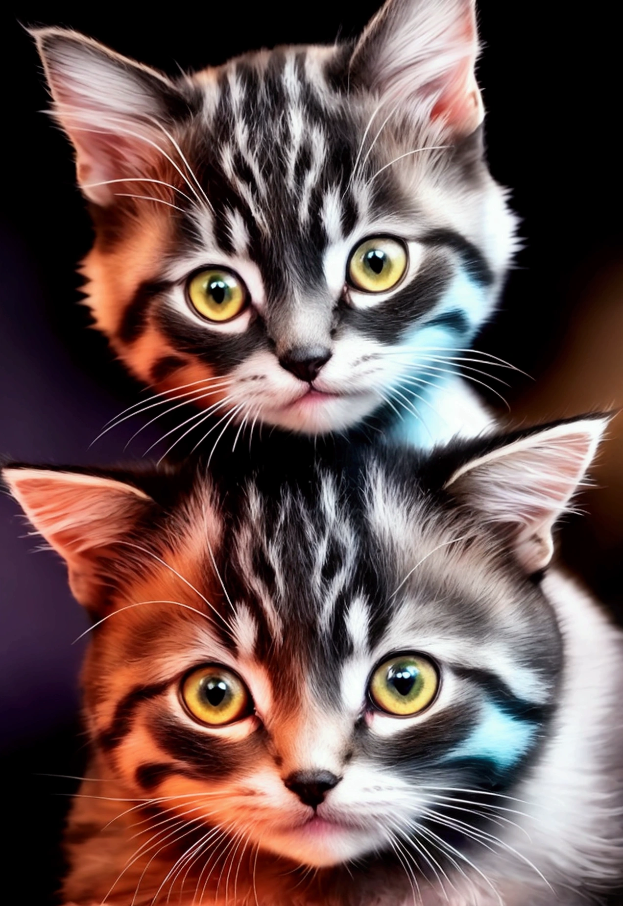 Colorful drawing of a kitten on a black background,, Breathtaking Rendering, In a shining connection, Inspired by Kinuko Y. Crafting,, Magical Elements, Kitten Icon, oh, Is beautiful, Cast a variety of spells, bright flash, flash