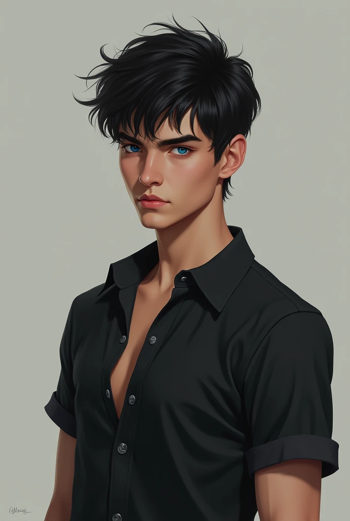 A digital drawing of a 22 year old man with black hair and a stern face and dark blue eyes wearing a black shirt with the top button undone and denim shorts.