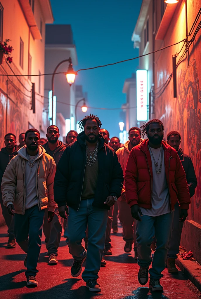 The group of rappers marching forward in unison, their expressions resolute. They walk through the streets of the city, which is now illuminated with vibrant colors and dynamic lighting. The murals and graffiti on the walls around them depict a blend of ancient and modern themes, with mythological figures appearing as if they are part of the urban environment. The overall atmosphere is powerful and inspiring, suggesting that these ancient stories have found new life in the beats and rhythms of today.