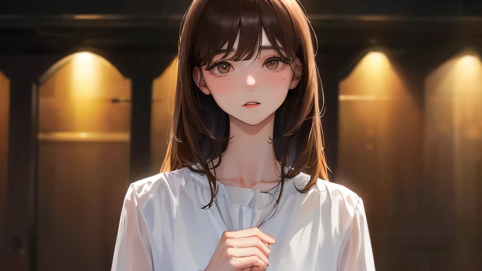 ((One woman)) ((Wait a minute))),(((Night Background)))、(((Perm Hair))),(((Red cheeks)))、,Masterpiece,best quality,,((White blouse))、((Being drunk))、((Brown Hair)),determined expression, Upper body diagram、 (Highest Resolution、Clear_image)、Best Quality、Light and shadow contrast、((Backlight))、Very detailed、Semi-realistic、、bangs、19 years old、　Young lady,,young、((View from the front))、Delicate Facial Features