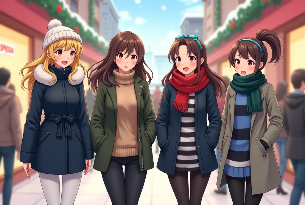 a group of anime girls shopping at a mall during winter

1. the first girl is blonde and wears a navy fur coat with belt around the waist, white beanie, and pants

2. the second girl has brown hair and wearing a turtleneck beige sweater with black pants, red scarf, and a black beret, wearing no coat.

3. the third girl has long black hair wearing a dark coat with playful blue sweater, striped black and white scarf, skirt, leggings and a blue hairband 

4. the fourth girl has brown ponytail hair with thick grey jacke, black pants, and dark green scarf,

they're all chatting to each other.