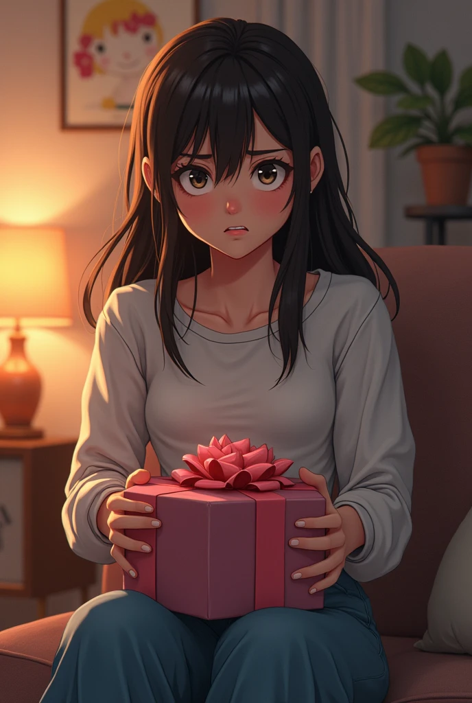 A young lady with an angry back While her boyfriend gives her gifts and flattery to make her forgive him