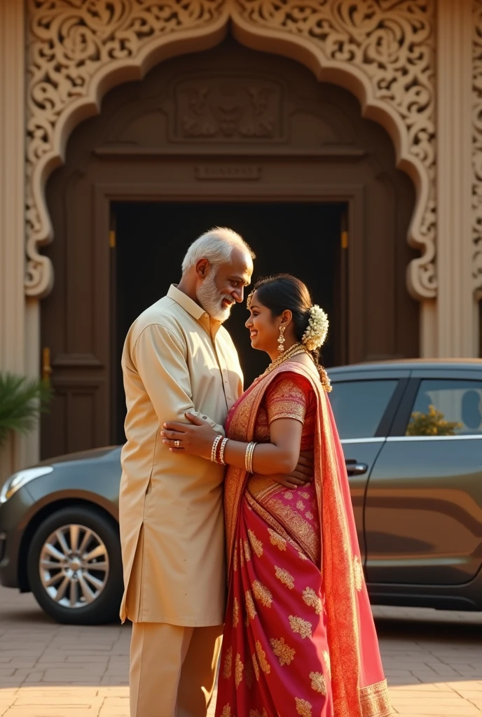 father with shirt and dhoti making bye to his daughter. Groom waiting with swift caroutside the marriage Hall