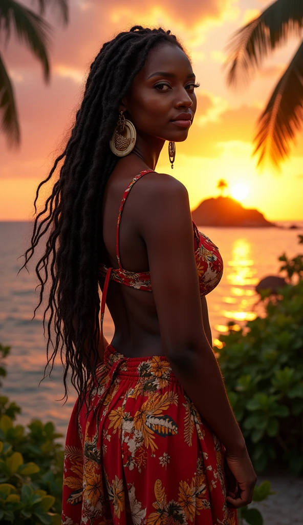 A breathtaking, hyper-realistic photography of a charming, seductive, beautiful, voluptuous and captivating Caribbean woman, her deep, dark skin glowing under the warm golden huesof the setting sun. She is elegantly dressed in vibrant, colorful clothing that showcases the rich tropical culture, her long, flowing hair adorned with beads and shells. Her intense gaze speaks volumes, as she stands in the heart of a lush, exotic landscape, with swaying palm trees and a sky filled with orange and pink hues. The background island, surrounded by the vast ocean, adds a touch of magical realism to the scene, evoking the beauty of a beach sunset. This masterpiece, reminiscent of Cyril Rolando's works, is perfect for a profile picture or a high-detailed desktop wallpaper, offering a sense of tranquility and escape to those who behold it.