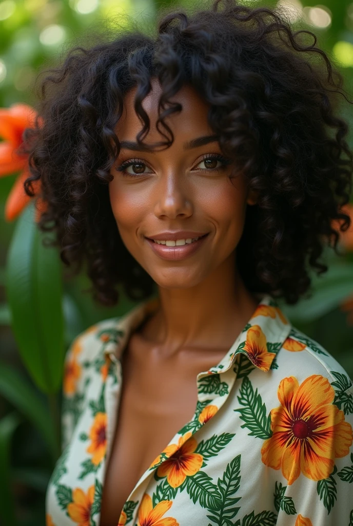 A Brazilian woman in a lush tropical garden, wearing an open shirt with a floral print, with a close-up capturing the harmonious beauty between her breasts and the natural flowers, showing off your natural charm and outgoing personality.