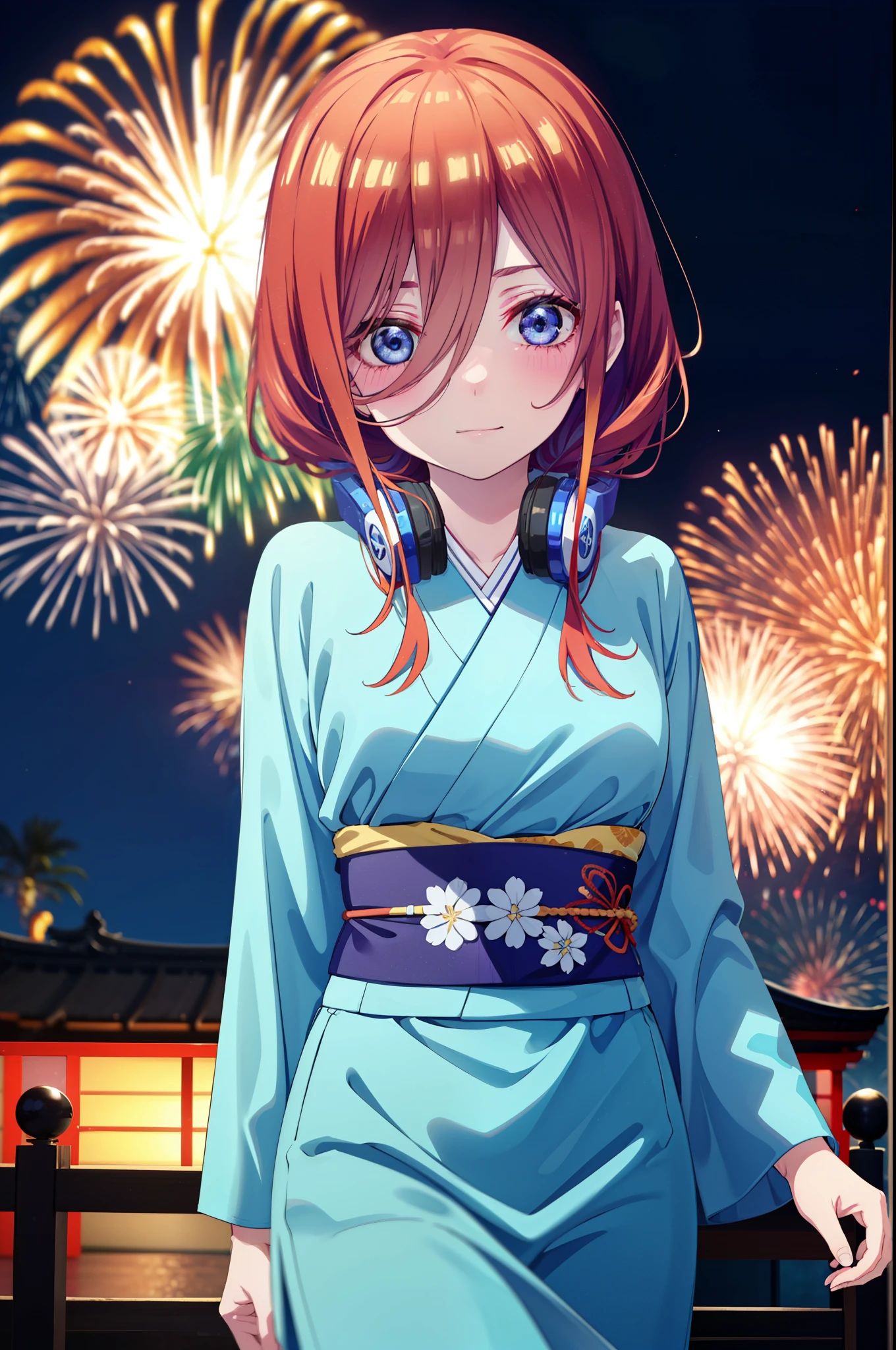 Miku Nakano, miku nakano, Long Hair, bangs, blue eyes, Brown Hair, shirt, Hair between the eyes, Headphones around neck,hair tied back,Flower Hair Ornaments,smile,blush,Blue Kimono,Blue long skirt,Fireworks in the night sky,Fireworks,The place is a fireworks display,Time is night,sunny day,日本のfestival,夏festivalの屋台,Red lantern,whole bodyがイラストに入るように,
break outdoors, garden,festival,
break looking at viewer, whole body, (Cowboy Shot:1. 5),
break (masterpiece:1.2), Highest quality, High resolution, unity 8k wallpaper, (figure:0.8), (Beautiful attention to detail:1.6), Highly detailed face, Perfect lighting, Highly detailed CG, (Perfect hands, Perfect Anatomy),