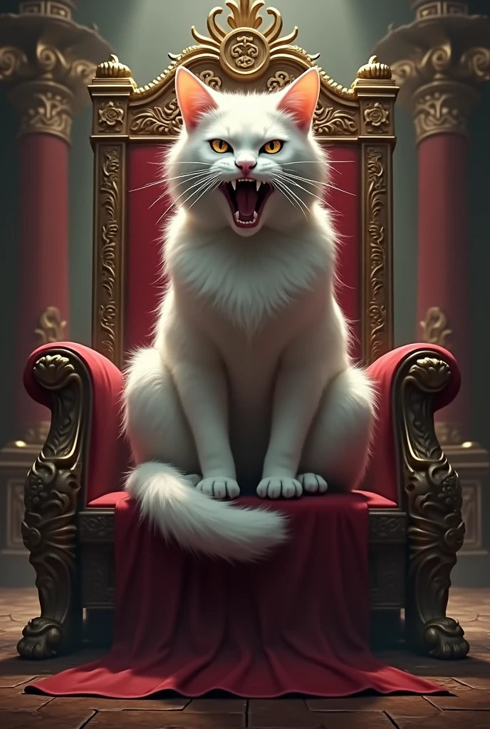 an angry white cat, on a throne.