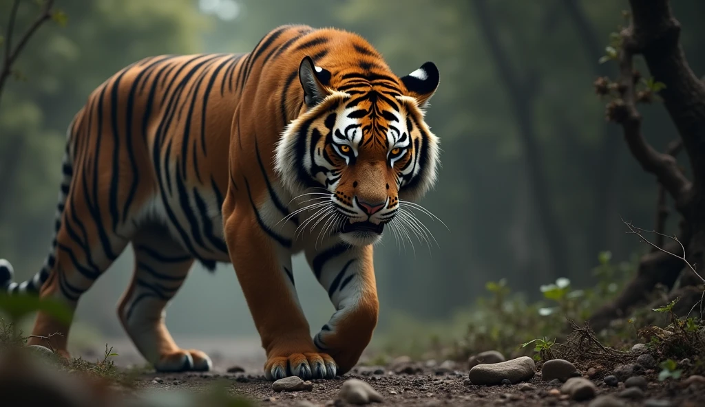 A tiger's hunger and lack of prey, disappointed face.