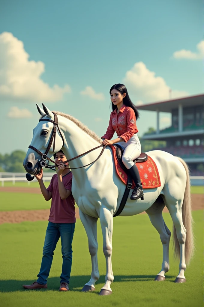 best quality, super detailed, super realistic, 15:9 ratio, depicts a beautiful round-faced Indonesian woman sitting on a white horse next to her is a medium-fat Indonesian man, standing holding a camera, on the racetrack