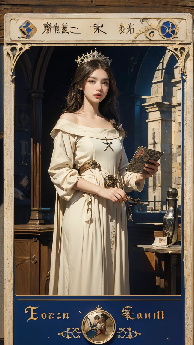 Highest quality、masterpiece、タロットcard、Balance scale、(Morgan Greer Tarot:1.2)、Retro art style、Thick outline、English text、Roman numerals、card、(Fit the frame properly:1.2)、(タロットcard風の枠:1.5)、((Beautiful female traveller in medieval Europe:1.5))