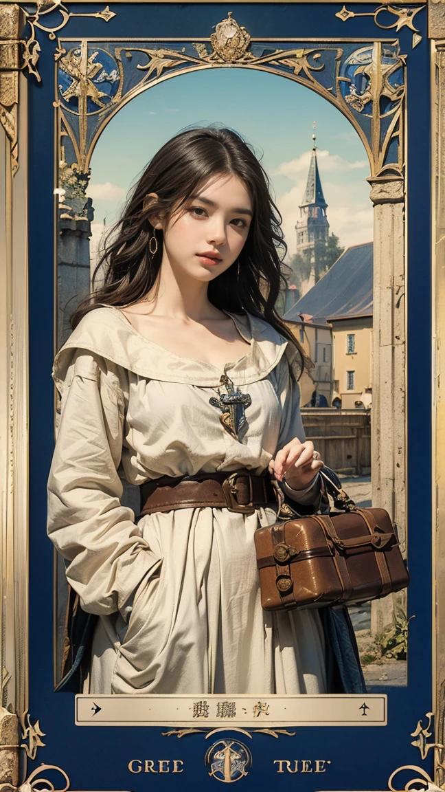 Highest quality、masterpiece、タロットcard、Balance scale、(Morgan Greer Tarot:1.2)、Retro art style、Thick outline、English text、Roman numerals、card、(Fit the frame properly:1.2)、(タロットcard風の枠:1.5)、((Beautiful female traveller in medieval Europe:1.5))