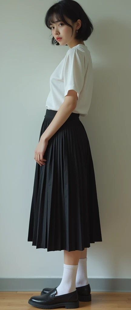 Realistic glowing skin, (発Sweat:1.8),Stand backwards,Look back at your face,Always look at the camera,(発Sweat:1.8),(Beautiful  in real life:1.6),,(whole body:1.9),(発Sweatしたリアルな白い肌:1.9),White socks, (Black leather shoes:1.8),
,Cold look,Cold Stare,Black Hair,short hair,Tie your hair short,Silky translucent white skin,,(Very detailed美しい顔), Great face and eyes, (Highest quality:1.4), (Very detailedな), (Very detailed CG 統合 8k 壁紙), Very detailed, High resolution raw color photos, Professional photography, Realistic portrait,Sweat,,(A Cup:1.9),(Flat :1.9),(Very small :1.9),( augmentation:0.1),(Small  beginning to swell:1.9),( during puberty:1.9),
, (少女のwhole bodyの詳細なRAW写真), Canon EOS R5 250mm, Sharp focus, Cinema Lighting,  (No makeup:1.2), Fine skin, Delicate collarbone,,(Ultra-high resolution:1.6), (Realistic:1.6),,(Japanese junior high school girls:1.9),(whole body:1.8),(Sweatが滴る肌:1.9),(Black pleated skirt for the lower body only:1.9),(Sweatで滲んだ肌:1.9),Age: Early teens,(Raise one hand:1.6)