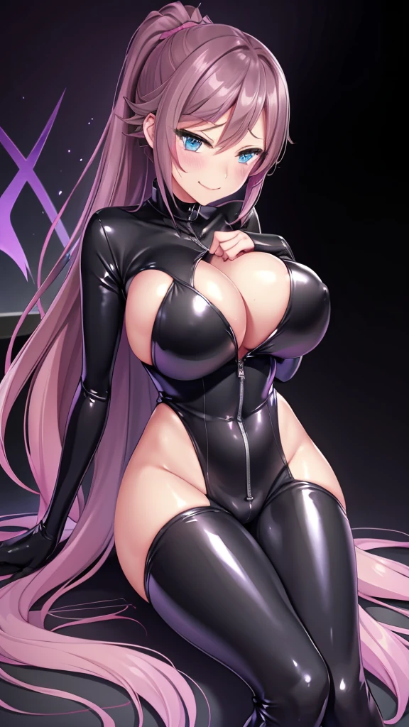 Erotic、tall、Big Breasts、Blue Archive、Shiny latex rubber suit Pastel pink lines、Evil Combatants、sexy、Evil smirk face、tall、adult、lure、Alluring、Pitch black background、Dark bedroom at night、Fall into Darkness、Fallen into evil、Straddle
