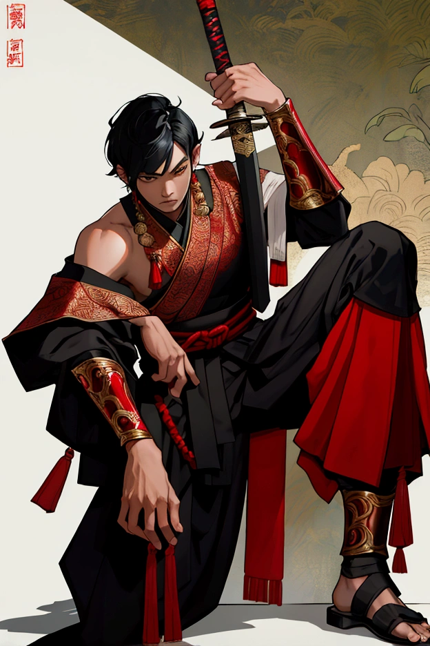 His Majesty is black, Male characters,black hair,short hair,Black eyebrows,Wearing black and red Thai armor,Holding a Thai sword,Wear Thai warrior pants,shoe