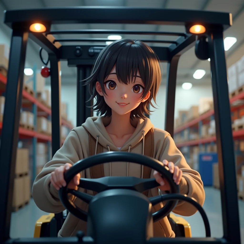 a person operating forklift(with hands) ,in warehouse (looking at the cameraman, gentle smile, glowing eyes, sparkling eyes, smile, light smile, Fujifilm, masterpiece, accurate, super detail, high details, high quality, best quality, highres, HD, 4K, masterpiece, accurate,, super detail, high details, high quality, best quality, highres, HD, 4K