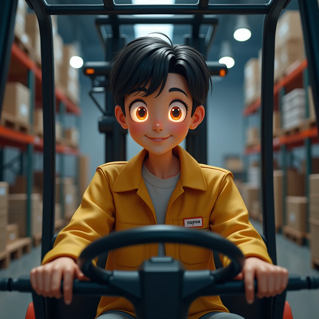 a person operating forklift(with hands) ,in warehouse (looking at the cameraman, gentle smile, glowing eyes, sparkling eyes, smile, light smile, Fujifilm, masterpiece, accurate, super detail, high details, high quality, best quality, highres, HD, 4K, masterpiece, accurate,, super detail, high details, high quality, best quality, highres, HD, 4K