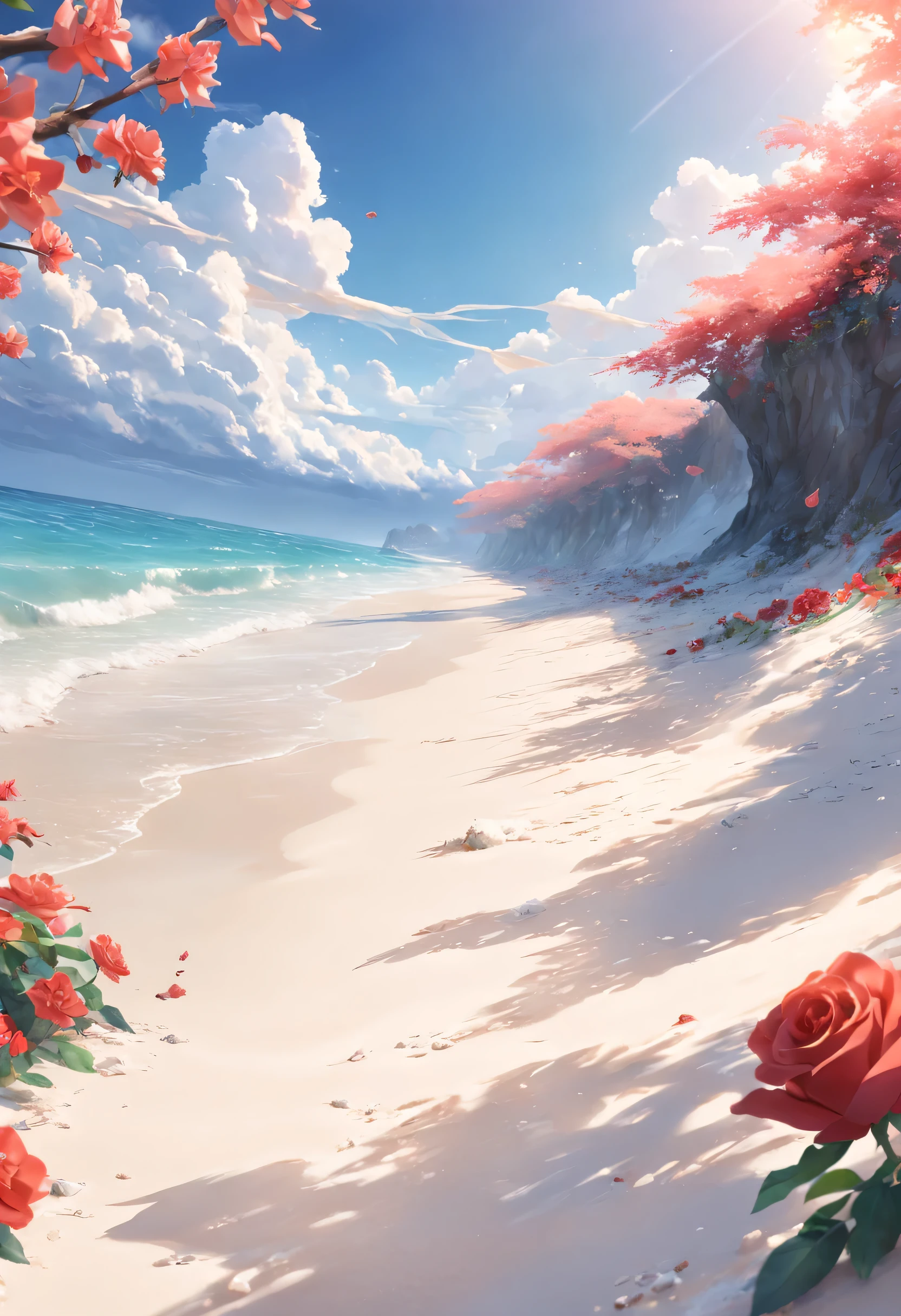 Delicate scene,Depth of Field, 8k, The ivory sky,Baiyun,The sun shines on the snow-white beach. The coral sea,There are also many colorful little shells on the beach,red rose, rose focus,