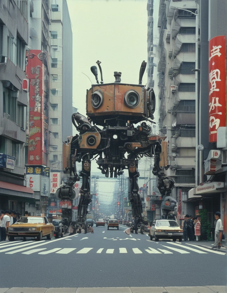 apocalyptic a robot with a large turret on its top, spider robot, reelmech, mechanical parts, machinery, joints, 
There are many cars and people on the city streets., Japan 1980s, Downtown Japan, Tokyo cityscape, Japan Streets, vintage footage of Tokyo cityscape, Tokyo cityscape set in 1982, Tokyo cityscape, Photos of Japan in the 80s, Japan Streets, in the Tokyo cityscape, Kodachrome : : 8k yen, Vintage Photography, Printed matter from the 1970s